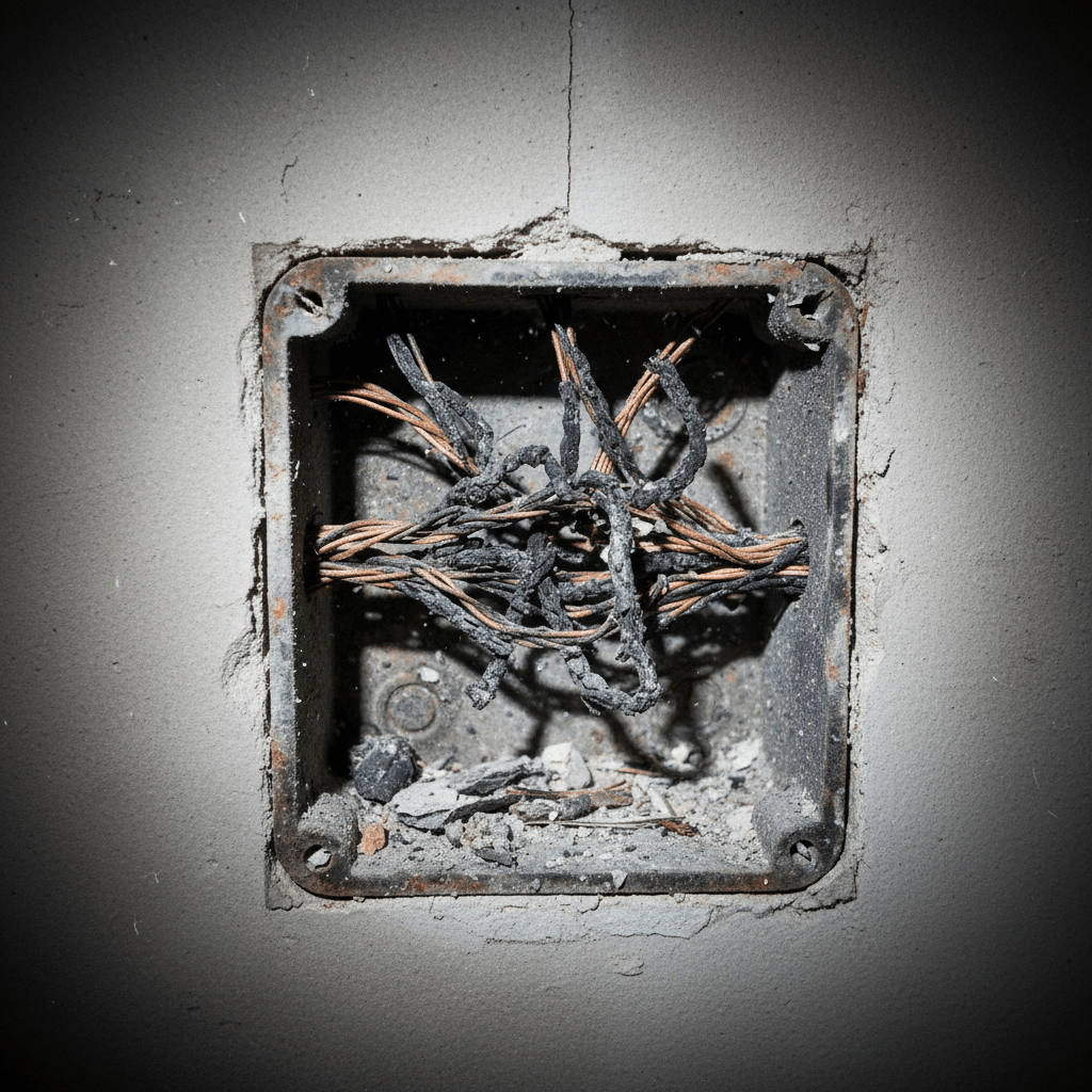 Verschmorte Kabel in einer Verteilerdose